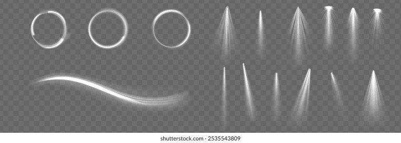 Light effect set. Glow isolated white transparent light effect set, lens flare, explosion, glitter, dust, line, sun flash, spark and stars, spotlight, curve twirl.