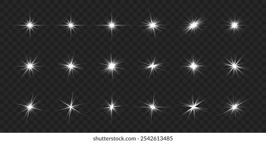 Light effect set. Glow isolated white transparent light effect set, lens flare, explosion, glitter, sun flash, spark and stars, spotlight, curve twirl. Sunlight, abstract special effect.