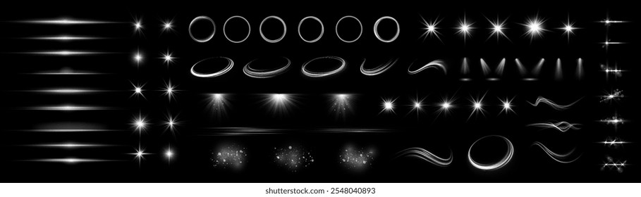 Conjunto de efeitos de luz. Brilho isolado branco transparente luz efeito conjunto, flare lente, explosão, brilho, poeira, linha, flash de sol, faísca e estrelas, luz de spot, giro curva. Luz solar, efeito especial abstrato.