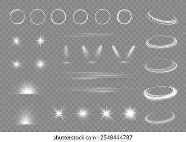 Light effect set. Glow isolated white transparent light effect set, lens flare, explosion, glitter, dust, line, sun flash, spark and stars, spotlight, curve twirl. Sunlight, abstract special effect.