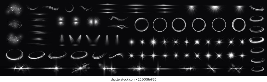 Conjunto de efeitos de luz. Brilho isolado branco transparente luz efeito conjunto, flare lente, explosão, brilho, poeira, linha, flash de sol, faísca e estrelas, luz de spot, giro curva. Luz solar, efeito especial abstrato.