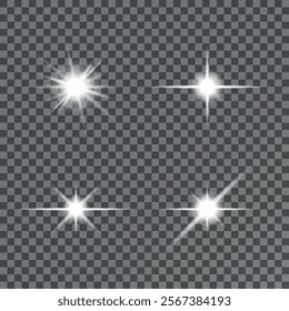Light effect set. Glow isolated white transparent light effect set, lens flare, explosion, glitter, dust, line, sun flash, spark and stars, spotlight, curve twirl. Sunlight, abstract special effect.