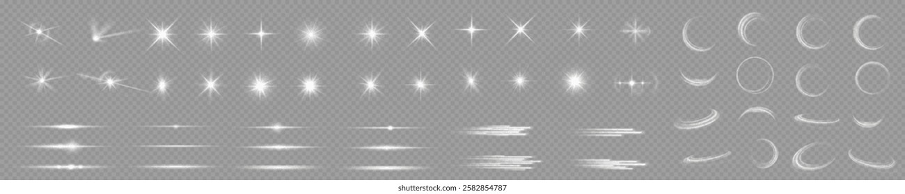 Light effect set. Glow isolated white transparent light effect set, lens flare, explosion, glitter, dust, line, sun flash, spark and stars, spotlight, curve twirl. Sunlight, abstract special effect.