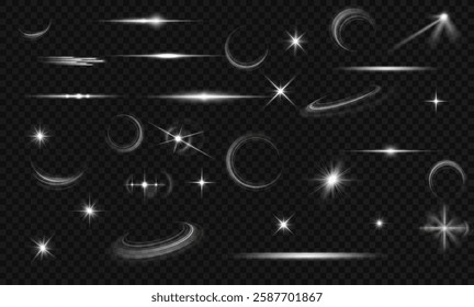Light effect set. Glow isolated white transparent light effect set, lens flare, explosion, glitter, dust, line, sun flash, spark and stars, spotlight, curve twirl. Sunlight, abstract special effect.