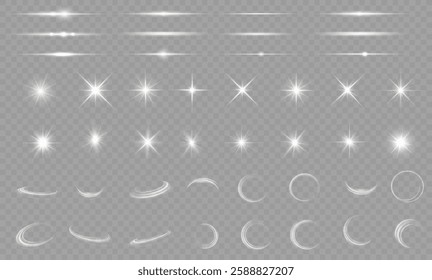 Light effect set. Glow isolated white transparent light effect set, lens flare, explosion, glitter, dust, line, sun flash, spark and stars, spotlight, curve twirl. Sunlight, abstract special effect.