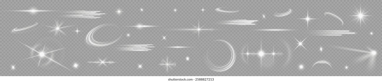 Light effect set. Glow isolated white transparent light effect set, lens flare, explosion, glitter, dust, line, sun flash, spark and stars, spotlight, curve twirl. Sunlight, abstract special effect.