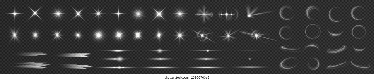 Light effect set. Glow isolated white transparent light effect set, lens flare, explosion, glitter, dust, line, sun flash, spark and stars, spotlight, curve twirl. Sunlight, abstract special effect.