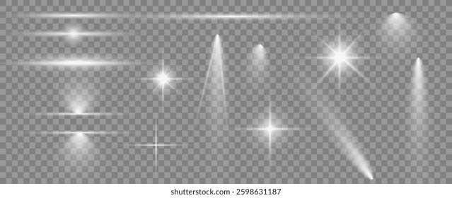 Light effect set. Glow isolated white transparent light effect set, lens flare, explosion, glitter, dust, line, sun flash, spark and stars, spotlight, Sunlight, abstract special effect. eps 10