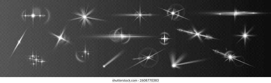Light effect set. Glow isolated white transparent light effect set, lens flare, explosion, glitter, dust, line, sun flash, spark and stars, spotlight, curve twirl. Sunlight, abstract special effect.