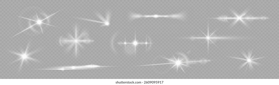 Light effect set. Glow isolated white transparent light effect set, lens flare, explosion, glitter, dust, line, sun flash, spark and stars, spotlight, curve twirl. Sunlight, abstract special effect.