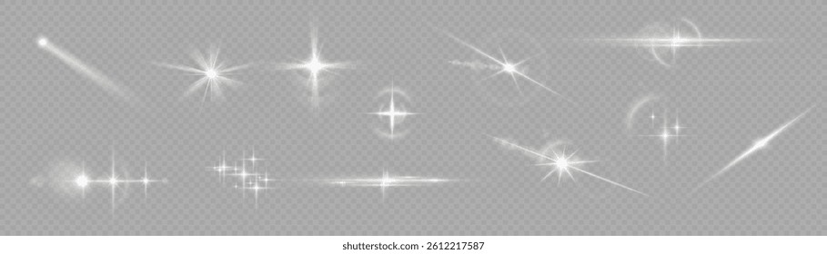 Light effect set. Glow isolated white transparent light effect set, lens flare, explosion, glitter, dust, line, sun flash, spark and stars, spotlight, curve twirl. Sunlight, abstract special effect.