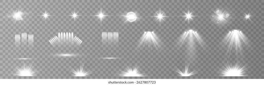 Light effect set. Glow isolated white transparent light effect set, lens flare, explosion, glitter, dust, line, sun flash, spark and stars, spotlight, curve twirl. Sunlight, abstract special effect.
