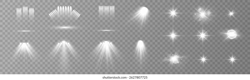 Light effect set. Glow isolated white transparent light effect set, lens flare, explosion, glitter, dust, line, sun flash, spark and stars, spotlight, curve twirl. Sunlight, abstract special effect.