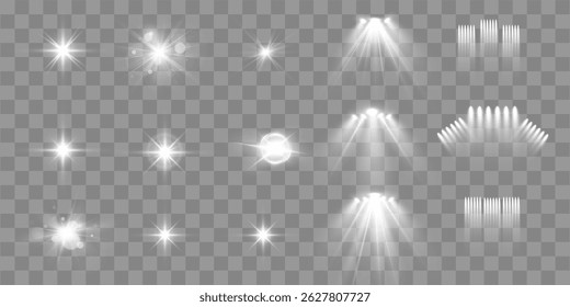 Light effect set. Glow isolated white transparent light effect set, lens flare, explosion, glitter, dust, line, sun flash, spark and stars, spotlight, curve twirl. Sunlight, abstract special effect.