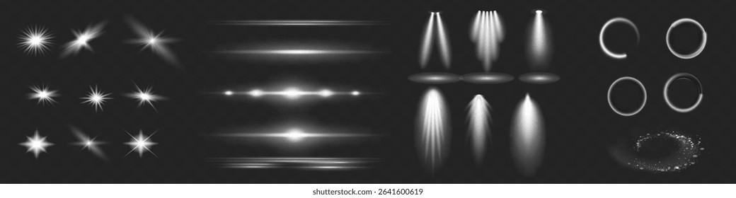 Light effect set. Glow isolated white transparent light effect set, lens flare, explosion, glitter, dust, line, sun flash, spark and stars, spotlight, curve twirl. Sunlight, abstract special effect.