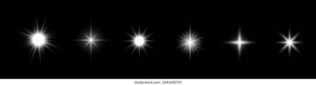 Light effect set. Glow isolated white transparent light effect set, lens flare, explosion, glitter, dust, line, sun flash, spark and stars, spotlight, curve twirl.