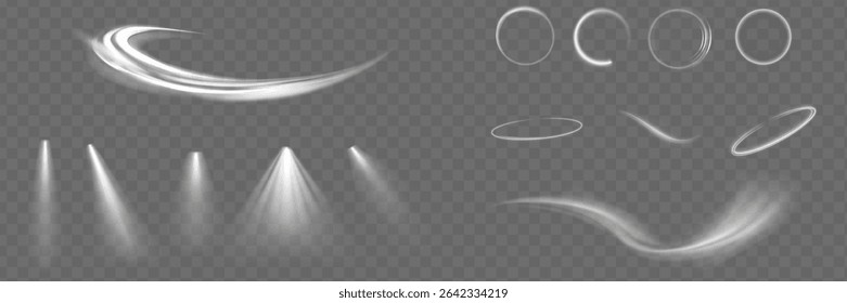 Light effect set. Glow isolated white transparent light effect set, lens flare, explosion, glitter, dust, line, sun flash, spark and stars, spotlight, curve twirl.