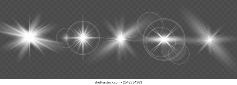 Light effect set. Glow isolated white transparent light effect set, lens flare, explosion, glitter, dust, line, sun flash, spark and stars, spotlight, curve twirl.