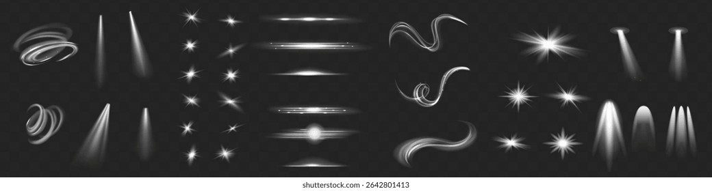 Conjunto de efectos de luz. Resplandor aislado blanco transparente efecto de luz conjunto, destello de la lente, explosión, brillo, polvo, línea, flash de sol, chispa y estrellas, foco, curva de giro. Luz del sol, efecto especial abstracto.