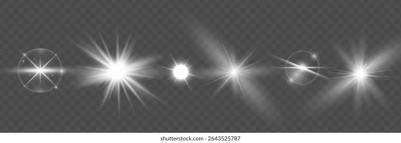 Light effect set. Glow isolated white transparent light effect set, lens flare, explosion, glitter, dust, line, sun flash, spark and stars, spotlight, curve twirl.