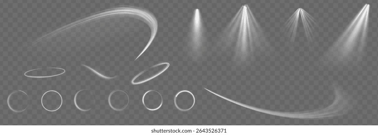 Light effect set. Glow isolated white transparent light effect set, lens flare, explosion, glitter, dust, line, sun flash, spark and stars, spotlight, curve twirl.