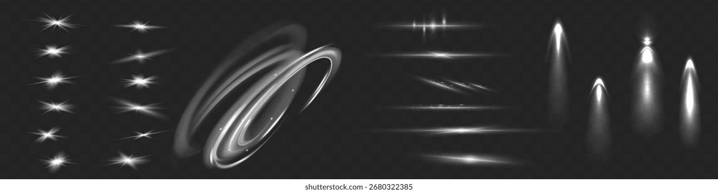 Light effect set. Glow isolated white transparent light effect set, lens flare, explosion, glitter, dust, line, sun flash, spark and stars, spotlight, curve twirl. Sunlight, abstract special effect.