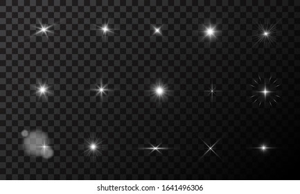 Light effect set isolated on dark transparent background. Lens flare, explosion, glitter, line, sun flash, spark and stars.