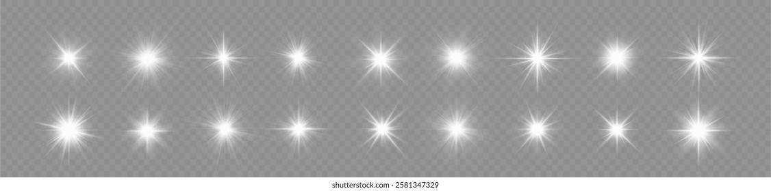 Light effect set. Isolated white transparent light effect set, lens flare, explosion, dust, line, sun flash, spark and stars, spotlight, curve twirl, png. Sunlight, abstract special effect. 
