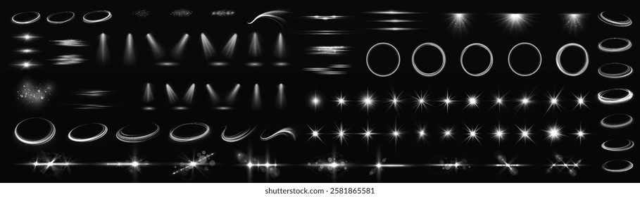 Light effect set. Isolated white transparent light effect set, lens flare, explosion, dust, line, sun flash, spark and stars, spotlight, curve twirl, png. Sunlight, abstract special effect. 