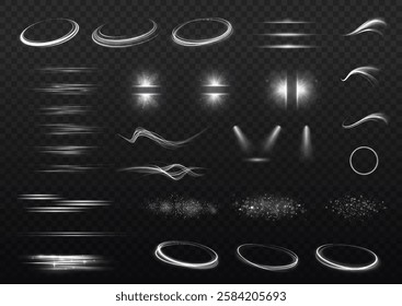 Light effect set. Isolated white transparent light effect set, lens flare, explosion, dust, line, sun flash, spark and stars, spotlight, curve twirl, png. Sunlight, abstract special effect. 