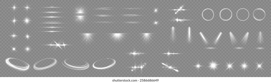 Light effect set. Isolated white transparent light effect set, lens flare, explosion, dust, line, sun flash, spark and stars, spotlight, curve twirl, png. Sunlight, abstract special effect. 