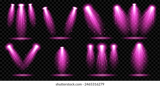 Light effect set. Pink color light effect. Glow isolated  light effect set,  glitter, spark and stars, spotlight. Realistic vector illustration. Lights effect isolated on transparent background