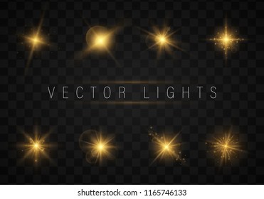 light effect set. Shining star, the sun particles and sparks with a highlight effect, color bokeh lights glitter and sequins. On a dark background transparent. Vector, EPS10.