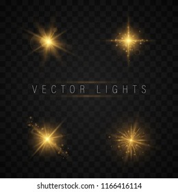 light effect set. Shining star, the sun particles and sparks with a highlight effect, color bokeh lights glitter and sequins. On a dark background transparent. Vector, EPS10.