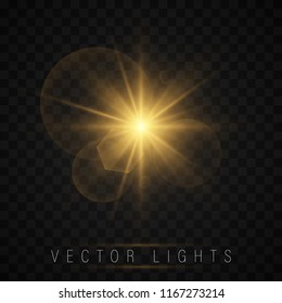 light effect set. Shining star, the sun particles and sparks with a highlight effect, color bokeh lights glitter and sequins. On a dark background transparent. Vector, EPS10.