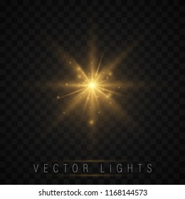 light effect set. Shining star, the sun particles and sparks with a highlight effect, color bokeh lights glitter and sequins. On a dark background transparent. Vector, EPS10.