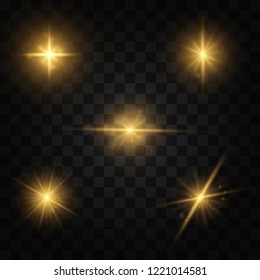 light effect set. Shining star, the sun particles and sparks with a highlight effect, color bokeh lights glitter and sequins. On a dark background transparent. Vector, EPS10.