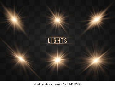 light effect set. Shining star, the sun particles and sparks with a highlight effect, color bokeh lights glitter and sequins. On a dark background transparent. Vector, EPS10.