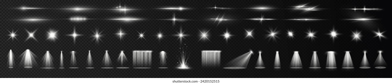 Efecto ligero establecido. El brillo espumoso del juego de luz transparente blanco aislado, la bengala de la lente, la explosión, el brillo, el polvo, la línea, el destello del sol, la chispa y las estrellas, el foco. Luz solar, efecto abstracto especial.