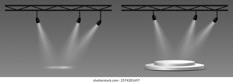 Light and effect set, spotlights and podium lighting. On a transparent background.