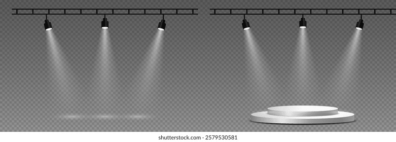 Light and effect set, spotlights and podium lighting. On a transparent background.
