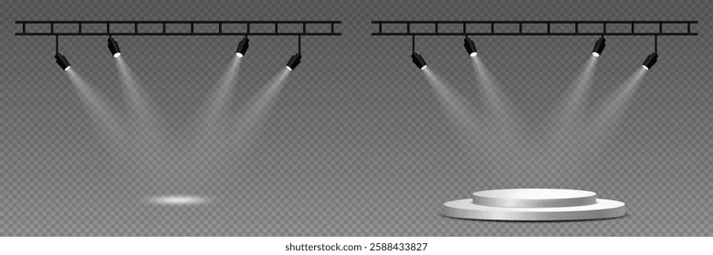 Light and effect set, spotlights and podium lighting. On a transparent background.