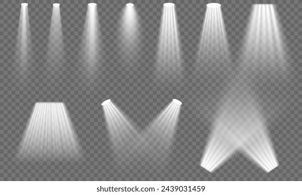 Light effect set. Spotlights set, stage and studio light, realistic lamps. Spot lights and searchlights, projector bright rays. Glow isolated white transparent light effect set,glitter,line, sun flash