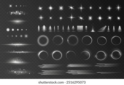 Light effect set, sun flash spark stars lens flare sunlight spotlight circle vortex. 