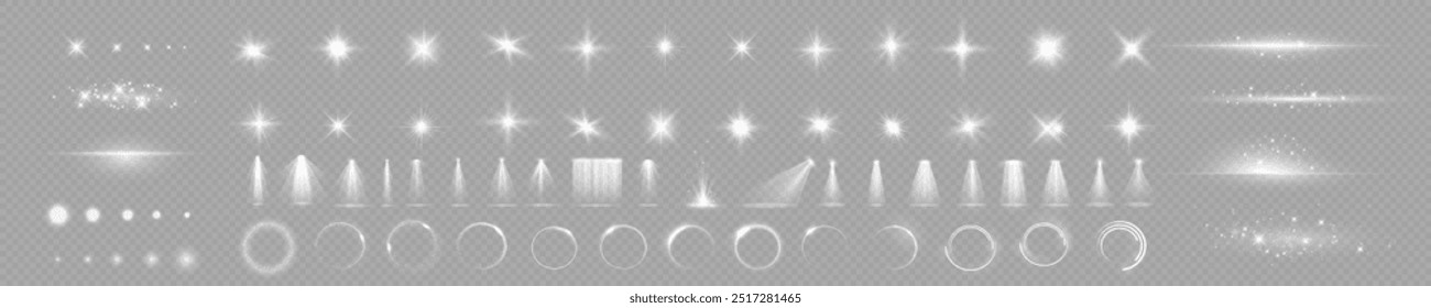Light effect set, sun flash spark stars lens flare sunlight spotlight circle vortex. 