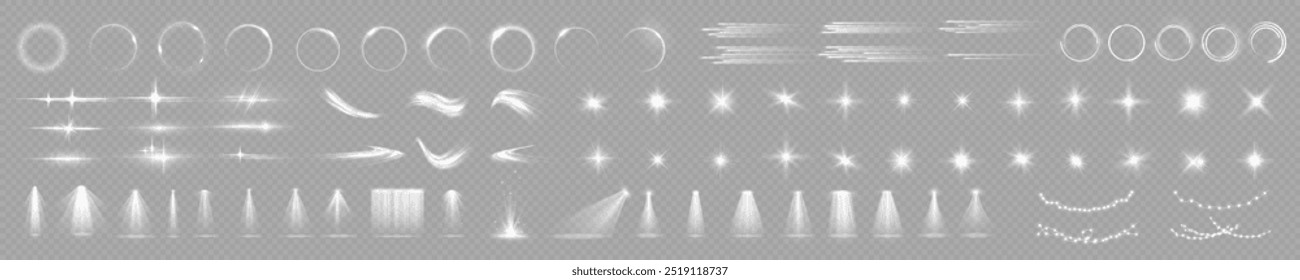 Light effect set, sun flash spark stars lens flare sunlight spotlight circle vortex. 