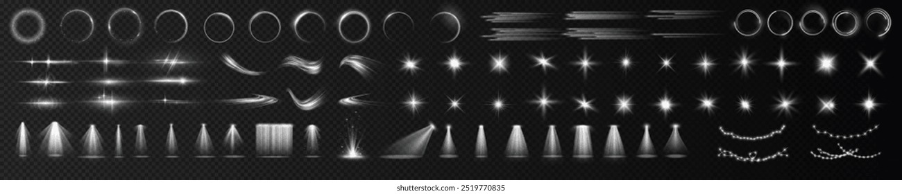 Conjunto de efectos de luz, estrellas de chispa de destello solar lente de luz solar foco círculo vórtice. 