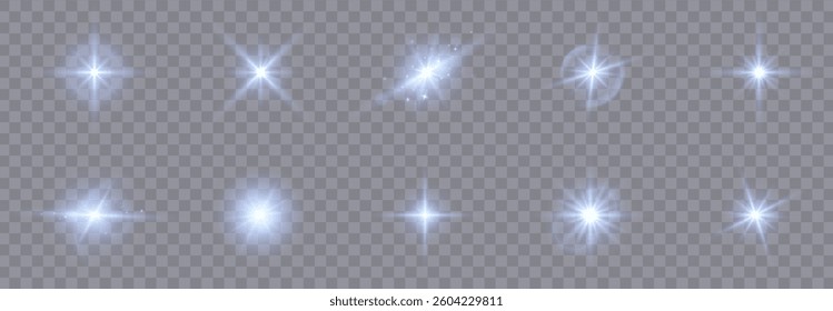 Light effect set. Sunlight, abstract special effect. Set of Glow light effect, explosion, glitter, bokeh, dust, line, lens flare, sun flash, spark, star, spotlight. Abstract image lighting flare, star