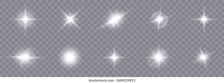 Light effect set. Sunlight, abstract special effect. Set of Glow light effect, explosion, glitter, bokeh, dust, line, lens flare, sun flash, spark, star, spotlight. Abstract image lighting flare, star
