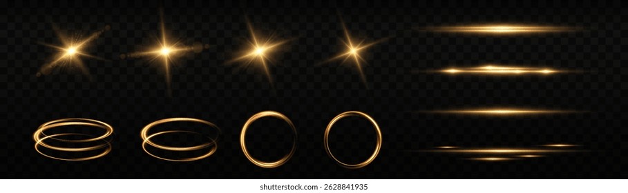 Light effect set. Sunlight, abstract special effect.  White, lens, star, glow, spark, effect, light, line, spotlight, flare, twirl, curve, vector, summer, sun flash, explosion, curve twirl. golden.